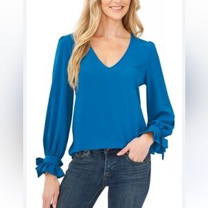 CeCe Long Sleeve Blue V-Neck Blouse with Tie Sleeves